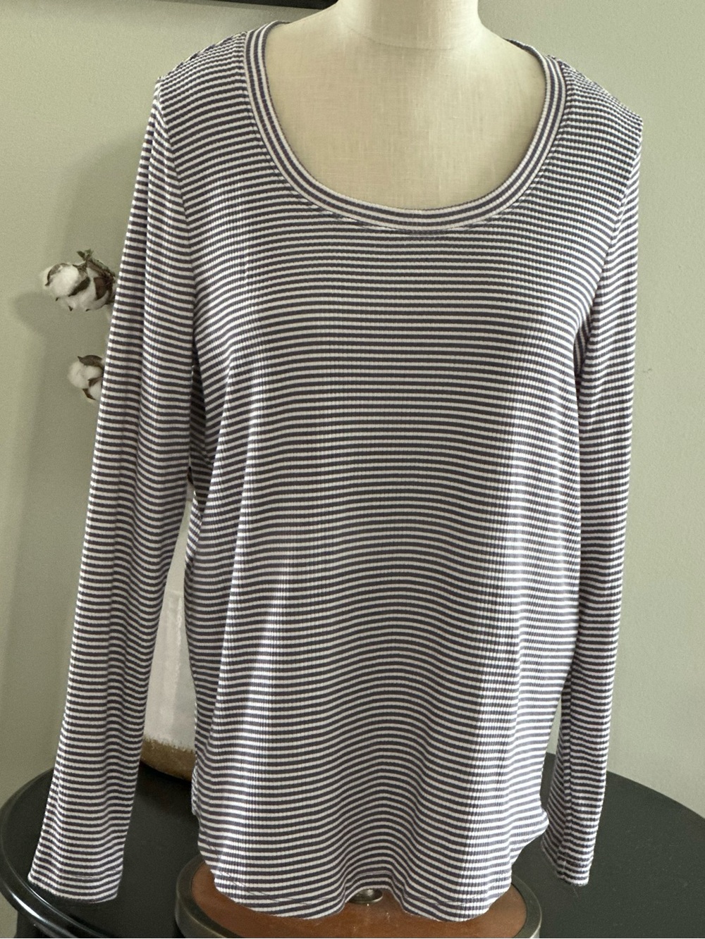 LOFT Light Blue and White Striped Scoop Neck Long-Sleeve Top -L
